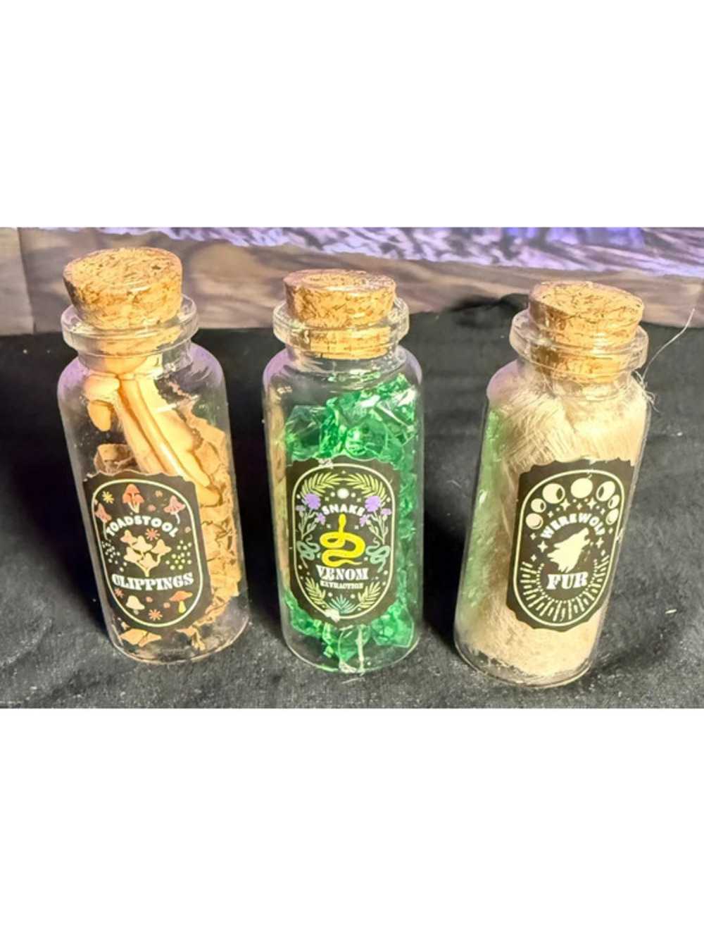 Three Mini Glass Potion  Bottles Halloween Decor